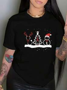 Short-Sleeved T-Shirt With Christmas Print, Round Neck, Casual Style, With Santa Claus And Snowman Design, Comfortable For Summer Wear - Urban Vintage Style, Unisex, Loose Fit, Cotton, Short Sleeve And Round Neck. - 黑色 - 查看 1