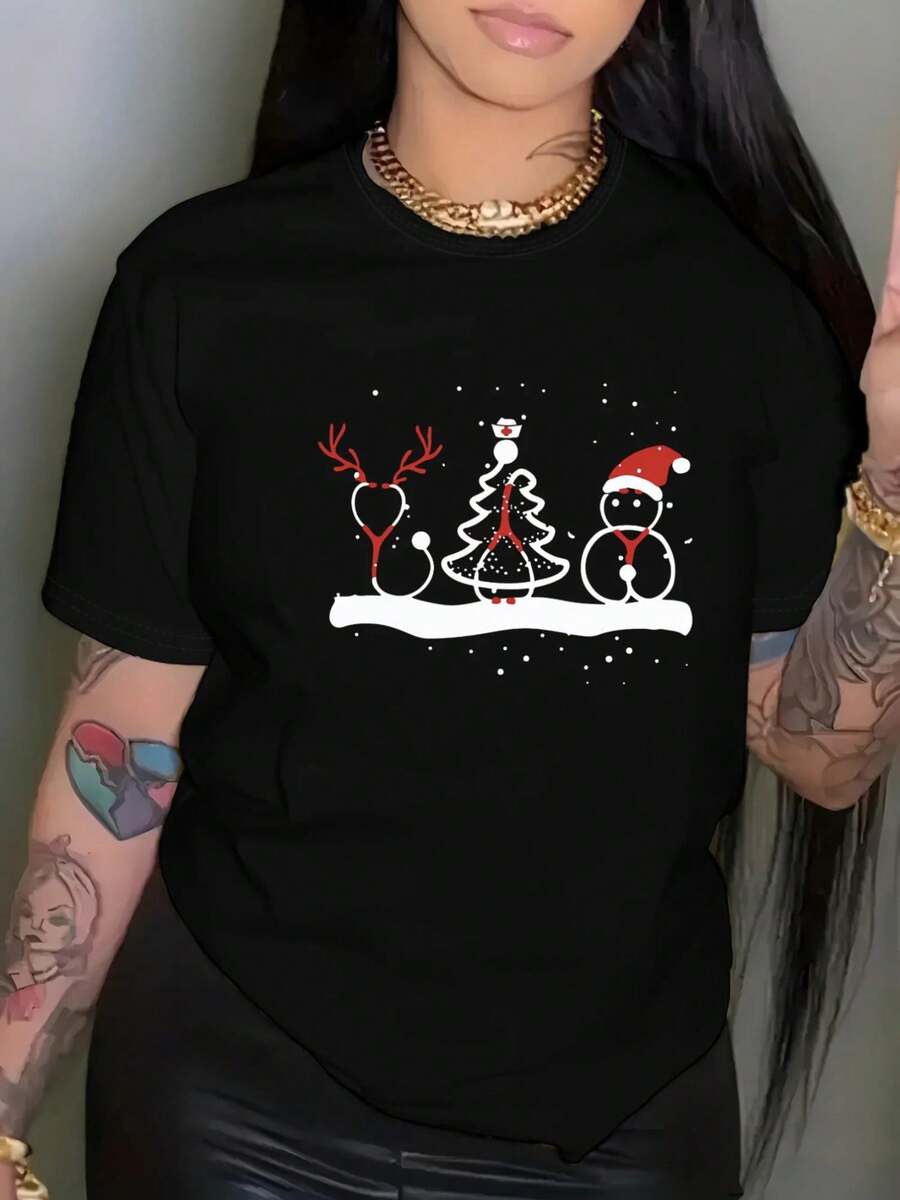Short-Sleeved T-Shirt With Christmas Print, Round Neck, Casual Style, With Santa Claus And Snowman Design, Comfortable For Summer Wear - Urban Vintage Style, Unisex, Loose Fit, Cotton, Short Sleeve And Round Neck. - 黑色 - 查看 1