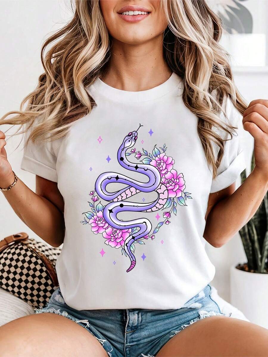 Women's T-Shirt With Celestial Snake, Mystical Graphic Print Of A Snake With Lunar Phases And Flowers, Witchy Aesthetic In Pastel Tones, Casual Top - 白色 - 查看 1