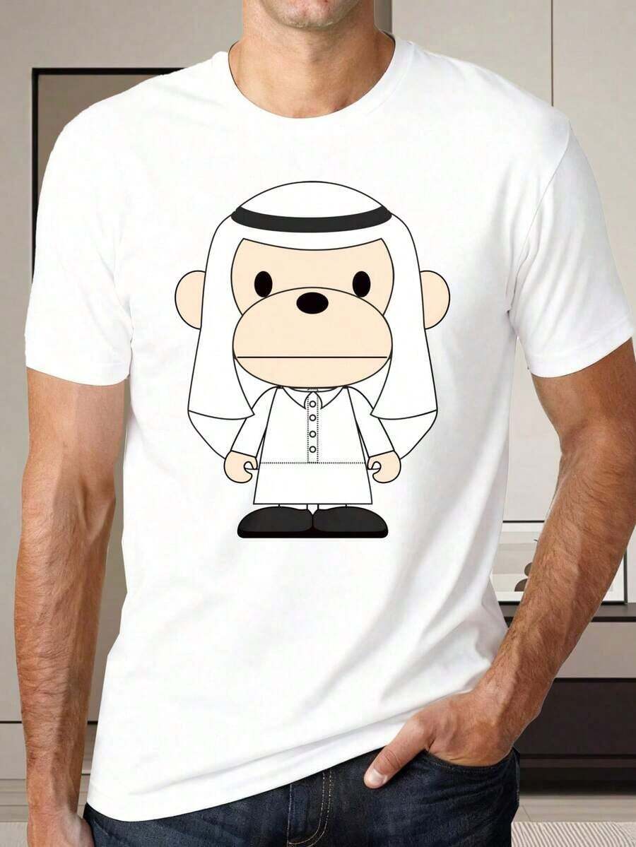 Men's Casual T-Shirt, Black Short Sleeve T-Shirt With Monkey Print In Traditional Arabic Costume For Daily Wear And Social Occasions, Summer. Classic Crew Neck Design, Lightweight, Comfortable And Sweat-Free, Fun Christmas, Holiday Gifts - 白色 - 查看 1