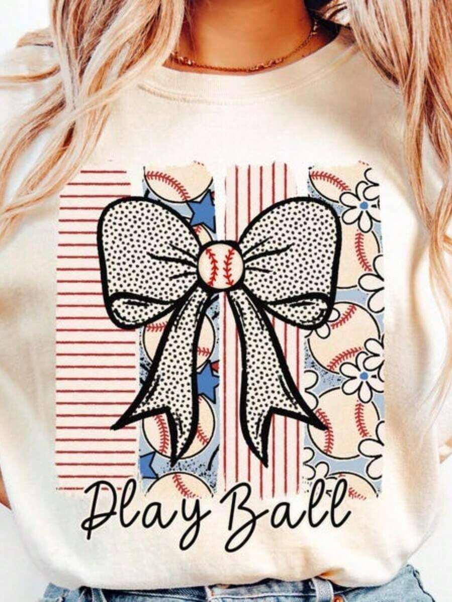 100% Cotton Baseball Bow Shirt, Play Ball Tee, Game Day T-Shirt, Baseball Fan Tee, Baseball Mom Gift, Mama Outfit, Cute Girly T-Shirt - 白色 - 查看 1