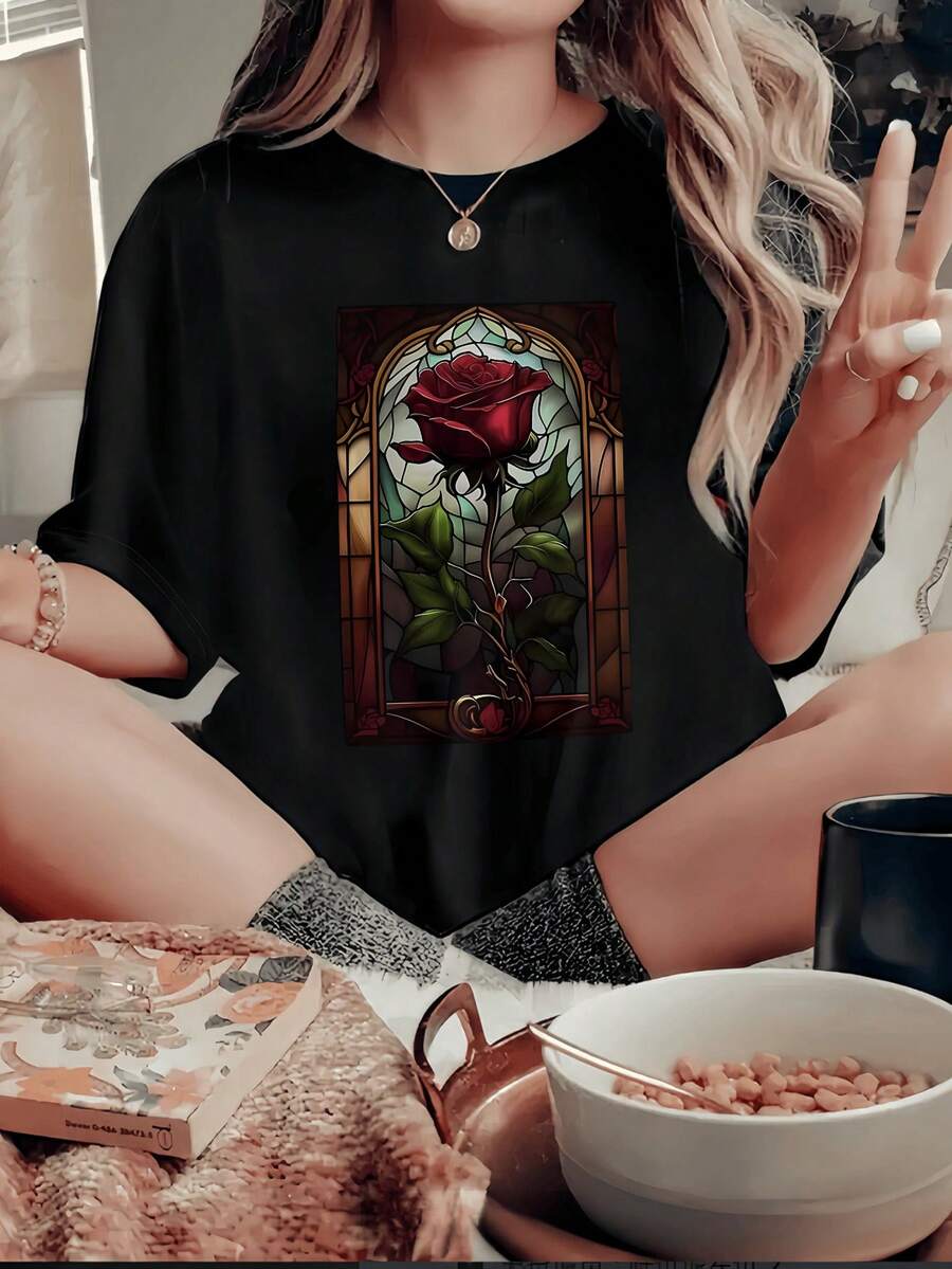 Women's Elegant Y2K Style Rose Print T-Shirt, Casual Short-Sleeved Round Neck Top, All-Season Clothing | Casual Wear | Fashionable Letter Print - 黑色 - 查看 1