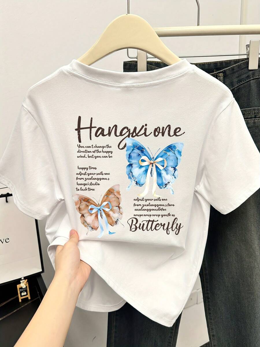Short-Sleeved T-Shirt With Butterfly Print For Boys, New Style Summer 2024 Shirt For Women, Popular And Super Stylish Top. - 白色 - 查看 1