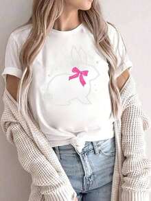 Women's Casual Summer T-Shirt With A Round Neck, Fitted Silhouette, And Short Sleeves, Featuring An Oil Painting Print With Floral, Heart, Cherry, And Lettering Designs. Simple, Casual Fabric With A Sporty Style, Perfect For Everyday Wear And A Valentine's Day Date. - YH1782-白色 - 查看 1