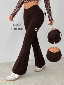 Pantalones acampanados de cintura alta envolvente de unicolor sencillo - Marrón - Ver 11