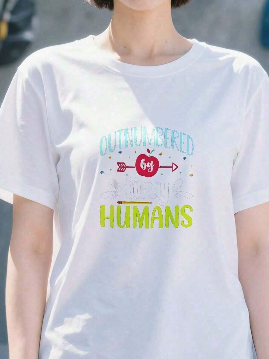 Premium 100% Cotton T-Shirt For Daycare And Childcare Workers, 'Outdone By Little Humans' Design, Casual, Comfortable, Summer Top, Crew Neck, Loose Fit T-Shirt, Gift Idea - 白色 - 查看 1