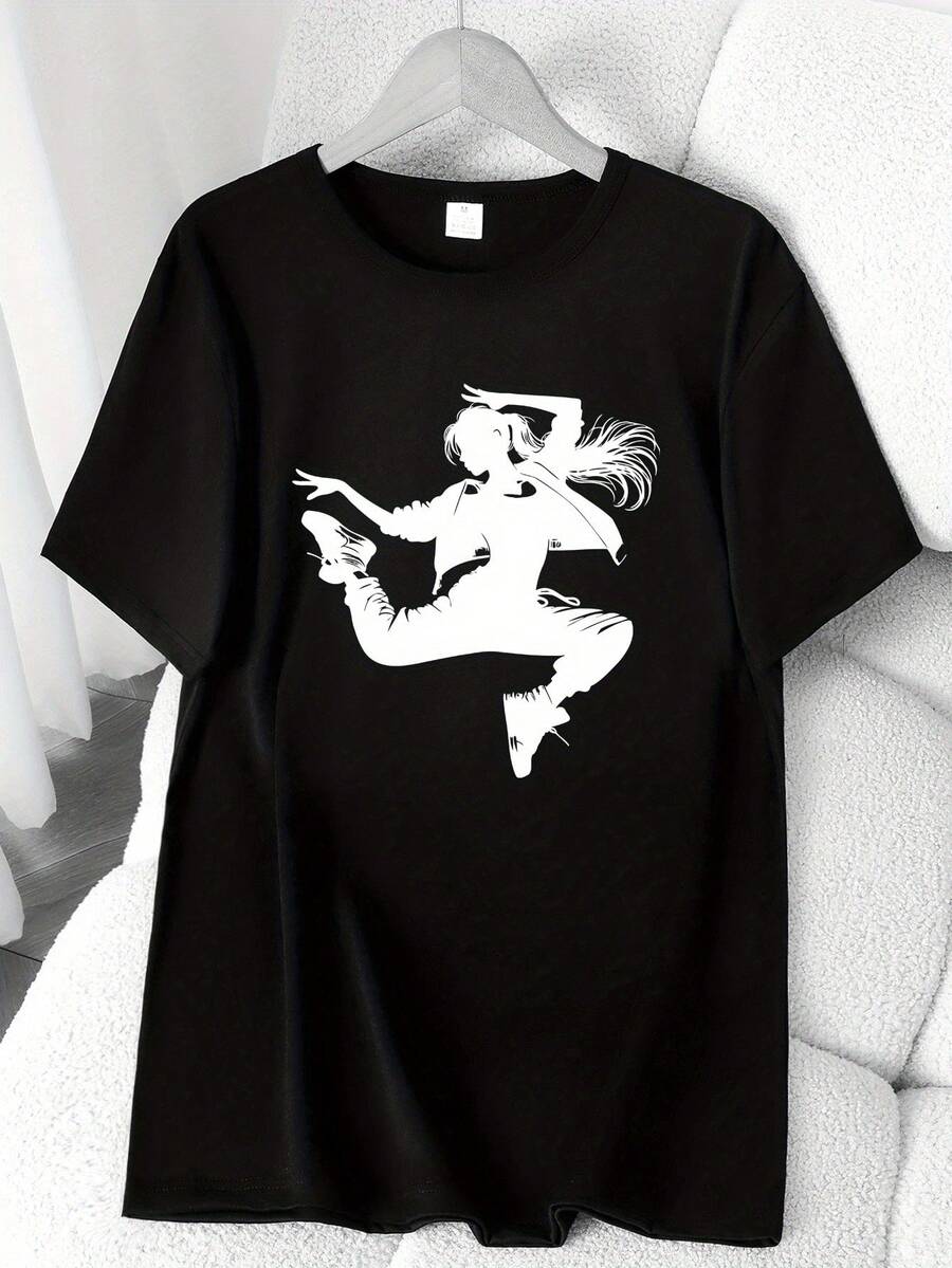 T-Shirt With A "Dancing Girl" Dance Element Print And Custom Style. Available In 6 Colors, Short Sleeves, Round Neck, High-Stretch Casual Sports Top. Machine Washable. Suitable For Spring And Summer. Can Be Worn In All Seasons. Women's Clothing. Elegant Party Outfit, T-Shirt For Elegant Ladies, Blouses Suitable For Curvy Women, Casual Wear, Cool And Sweat-Free Summer Wear, Fun Letter Print. - 黑色 - 查看 1