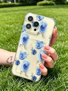 1 unidad Patrón floral de rosas azules Funda para iPhone 17, protección anticaída con airbag reforzado en las cuatro esquinas, tarjetero invisible integrado en la parte trasera, compatible para tarjeta personal, carnet de conducir, tarjeta de acceso y tarjeta de transporte, funda protectora antigolpes portátil con ranura para tarjetas, diseño sencillo y elegante, ideal para uso diario, desplazamientos y viajes - transparente - Ver 4