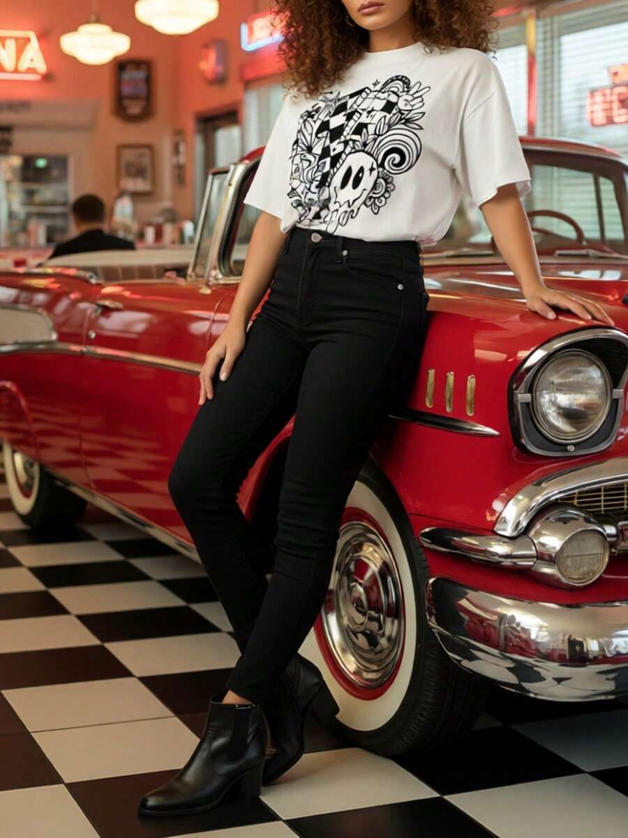 Women's Casual Comfortable Round Neck Short Sleeve Printed T-Shirt - 白色 - 查看 1