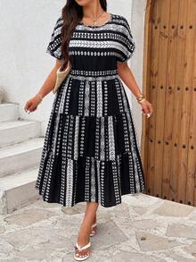 Robe mi-longue pour femmes grandes tailles à motif géométrique losange tissé, convient pour les vacances, la maison, les sorties et les voyages en été. Élégante en noir. - Noir - Voir 3