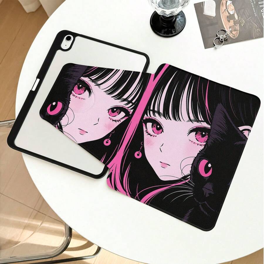 1pc Flip Desktop Protective Case With Pen Slot, Cartoon Girl And Black Cat Pattern, 360 Degree Rotating Stand, Built-In Pen Slot, PU Leather Case With Stand, Auto Sleep/Wake Function, Compatible With Honor ///Apple/Etc. And And Other Popular Models, Suitable For Back To School, Valentine's Day, Holiday Gifts - Multicolor - View 1