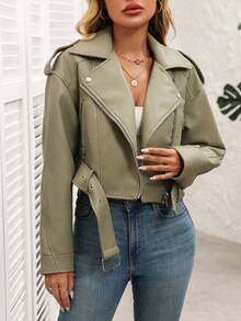 Women's Solid Color Minimalist Casual Zip-Up Short Jacket - Green - View 3