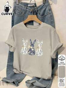 Plus Size Letter Print Casual 100% Cotton Short Sleeve Top, Outdoor Wear, Graphic Tee, Summer T-Shirt, Women's Tee, Summer Blouse, Vacation Outfit, Travel Style, Beach Vibe, Minimalist Resort Wear - 灰色 - 查看 3