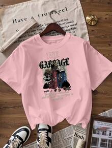 T-Shirt With "GARBAGE" Text And Dark Urban Graphic,  Short-Sleeved T-Shirt For Spring And Summer 2026, Made In Mexico, 180 Grams. Cartoon Print, Couple Design, Suitable For Indoor Or Outdoor Wear. Crew Neck, Unisex, Ideal For Office And Leisure. One-Pack. - PK-P631577SLNDXZGY620 - 查看 4