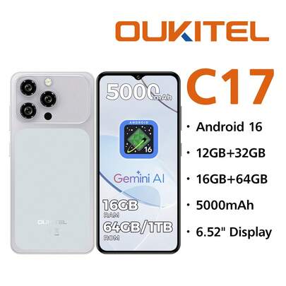  OUKITEL C17 安卓 16 解锁智能手机 2026 - 12GB+32GB，6.51 英寸水滴屏，5000mAh 电池，13MP+5MP 摄像头，八核处理器，3.5mm 耳机孔/GPS