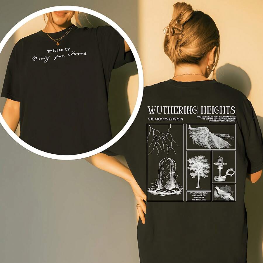 Wuthering Heights Emily Bronte Signature Tee Bookish Valentine Shirt - Black - View 1