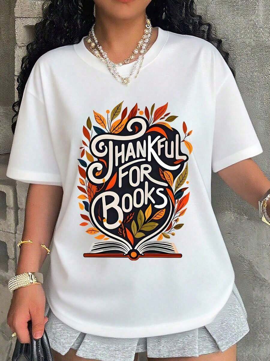 Women's T-Shirt: Thank You For Books, Autumn Leaves, Book Lover T-Shirt, Reading Themed Graphic T-Shirt For Women, Unisex Casual Clothing For Avid Readers And Literature Enthusiasts. - 白色 - 查看 1