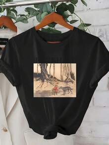 Women's Short-Sleeved, Regular-Fit T-Shirt - Featuring A Classic Fairytale Little Red Riding Hood Illustration With A 2D Geometric Pattern, In A Modern Urban Style. | Suitable For Holidays And Leisure | Suitable For Everyday Wear. - 黑色 - 查看 1