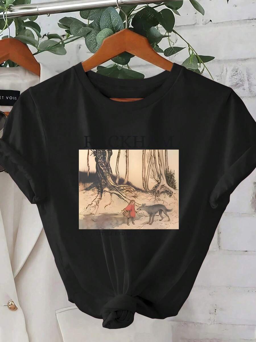 Women's Short-Sleeved, Regular-Fit T-Shirt - Featuring A Classic Fairytale Little Red Riding Hood Illustration With A 2D Geometric Pattern, In A Modern Urban Style. | Suitable For Holidays And Leisure | Suitable For Everyday Wear. - 黑色 - 查看 1