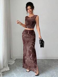 Vestido ajustado de mujer con abertura, de malla con efecto tie-dye degradado sin mangas, conjunto de 2 piezas - Café integral 5 - Ver 6