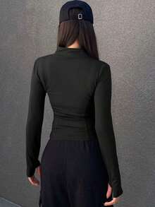 Chaqueta de manga larga sólida para mujer, ajuste delgado, minimalista ideal para primavera y verano - Negro - Ver 2