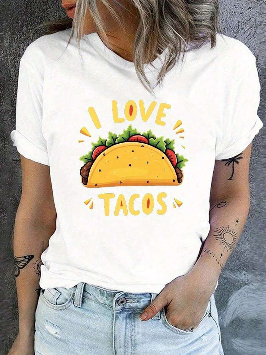Carnival Fiesta Taco Sunlight And Smile 100% Cotton Women's "I Love Tacos" Pattern T-Shirt - Short Sleeve, Crew Neck Casual Top With Vibrant Taco Print, Machine Washable, Suitable For Comfortable Clothing In Spring And Summer, Medium Stretch Fabric, Clothing For Taco Lovers, Fun Design, Breathable Cotton Tee, All Match, Positive Combination Cool Summer Clothes For Women By Attitude - 白色 - 查看 1