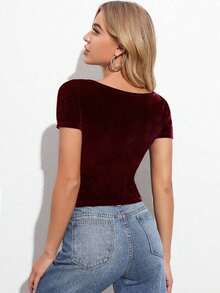 Camiseta de manga corta de ajuste slim de color liso informal - Burdeos - Ver 2