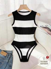Mono de mujer para primavera/verano, mono de tirantes de cuello redondo para mujer, mono ajustado de punto para mujer, mono a rayas, uso diario casual, mono de verano para mujer, mono para vacaciones en la playa, se puede usar solo o combinado co - Blanco y Negro - Ver 3