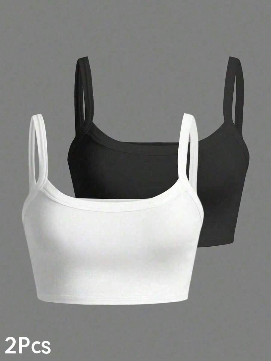 Camiseta corta de tirantes gruesos simple para mujer, adecuada para primavera/verano, estilo casual/streetwear/Y2K, apta para oficina/hogar/streetwear/discoteca y otras ocasiones, color negro - Blanco y Negro - Ver 1