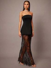 Set de 2 piezas con top corto tipo bustier negro y minifalda con dobladillo de encaje, adecuado para citas, graduaciones, conciertos, vestidos de dama de honor, bodas, ocasiones románticas, estilo minimalista, conjunto elegante para uso diario - Negro - Ver 6