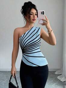 Blusa de punto con estampado de hombro oblicuo elegante para vacaciones de verano para mujer - Celeste - Ver 3
