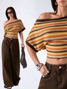Blusa de malla ajustada con mangas de murciélago, cuello irregular, estampado de rayas y bloques de color, estilo casual de playa y vacaciones para mujer - Multicolor 4 - Ver 8