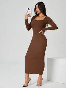 Vestido largo de manga larga con cuello cuadrado color negro sólido ajustado, vestido elegante de manga larga para mujer con cuello cuadrado, ajuste ceñido, manga recta, liso, para uso diario casual en primavera/otoño - Marrón - Ver 5