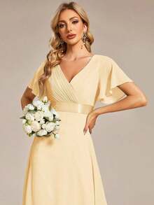 Vestido de dama de honor con cuello en V elegante, mangas con volantes y mariposa, color verde salvia, vestido de invitada de boda, vestido de primavera semi-formal para boda, fiesta de cumpleaños, graduación, Día de San Valentín - Amarillo - Ver 4
