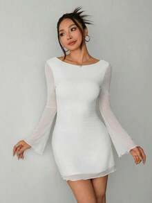 Vestido de malla con mangas de trompeta y espalda descubierta, nuevo y sexy para principios de otoño - Blanco - Ver 5
