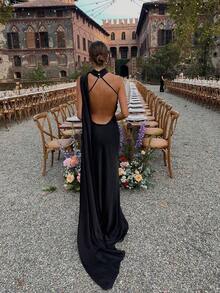 Nuevo elegante vestido largo de satén de unicolor para mujer con cuello halter, botones, cintura alta, espalda descubierta y cintura ceñida, adecuado para bodas, galas, citas y otras ocasiones, color negro primaveral - Negro - Ver 9