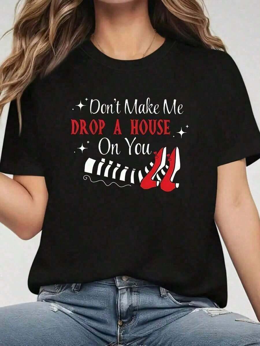 Women's Casual Summer Short Sleeve Crew Neck T-Shirt, Fun Wizard Of Oz Print, Loose Fit, Summer Tops, Women's Tops, For Daily Outings, Mother's Day Gift, Black, Short Sleeve - 黑色 - 查看 1