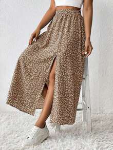 Falda De Verano Para Mujeres Con Estampado Floral Pequeño Y Abertura De Muslo - Caqui - Ver 3