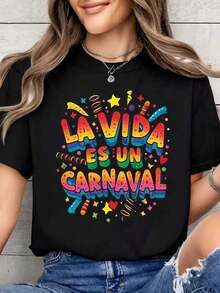 Women's Casual Short Sleeve T-Shirt, 1 Piece, Graphic Print, 100% Cotton, Breathable, Sweat-Absorbent, Cool And Casual Style, [Egg Tart Direction] Limited Edition For Carnival Festival | Colorful Carnival Letter Print T-Shirt - Spring Summer, Soft And Breathable, Short Sleeve, Crew Neck, Casual Style, Machine Washable, Regular Fit | Machine Washable, Gift For A Friend | Festive Outfit | Carnival Outfit Essentials - Summer Clothes For Everyday Outings - 黑色 - 查看 6