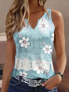 Selamara Blusa sin mangas de verano para mujer con estampado de mariposas y flores, cuello en V, diseño de cuello elegante, ajuste delgado, casual - Multicolor 4 - Ver 1