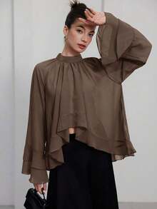 Blusa elegante y lujosa de gasa con volantes y capas en color púrpura-rojo para mujer - Gris - Ver 5
