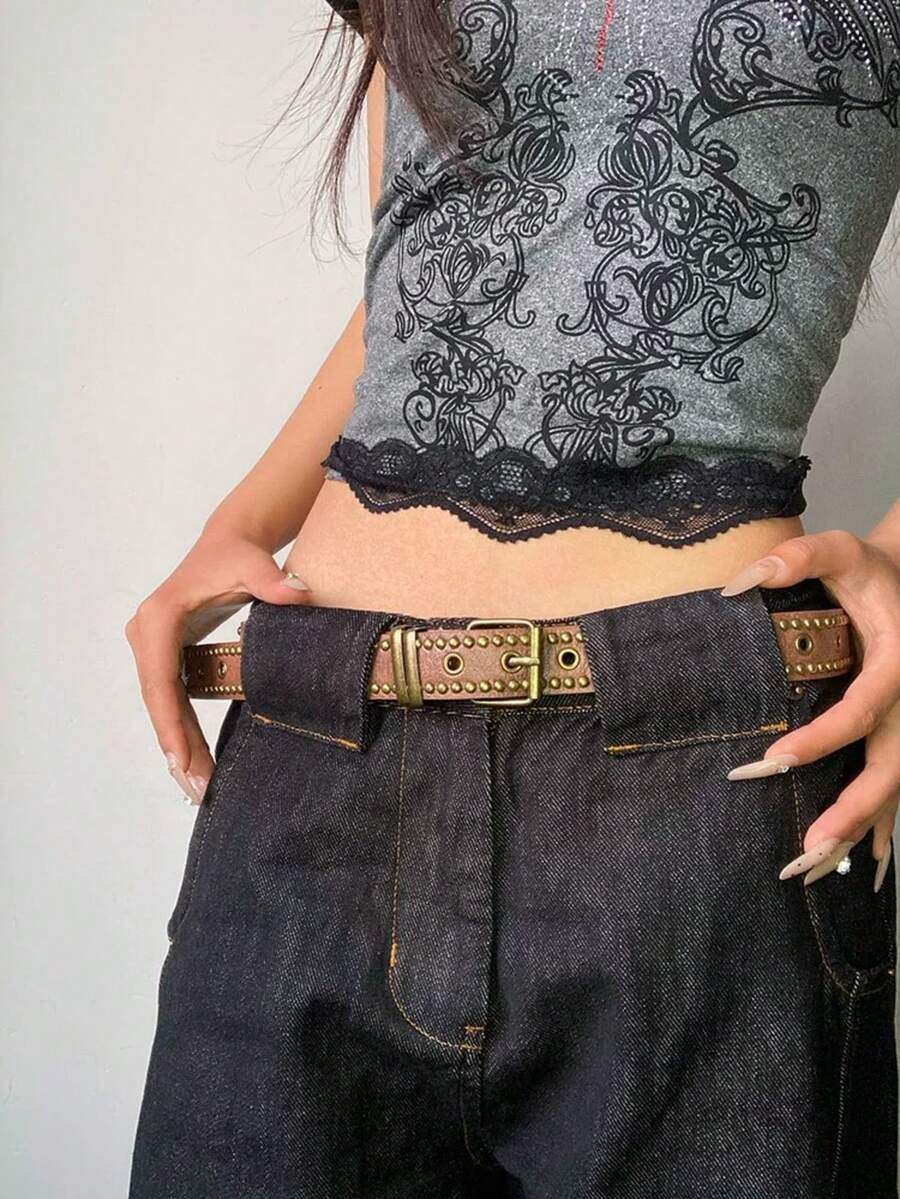 1 pieza Cinturón de mujer estilo retro y occidental con remaches, cinturón casual para jeans - Multicolor - Ver 1