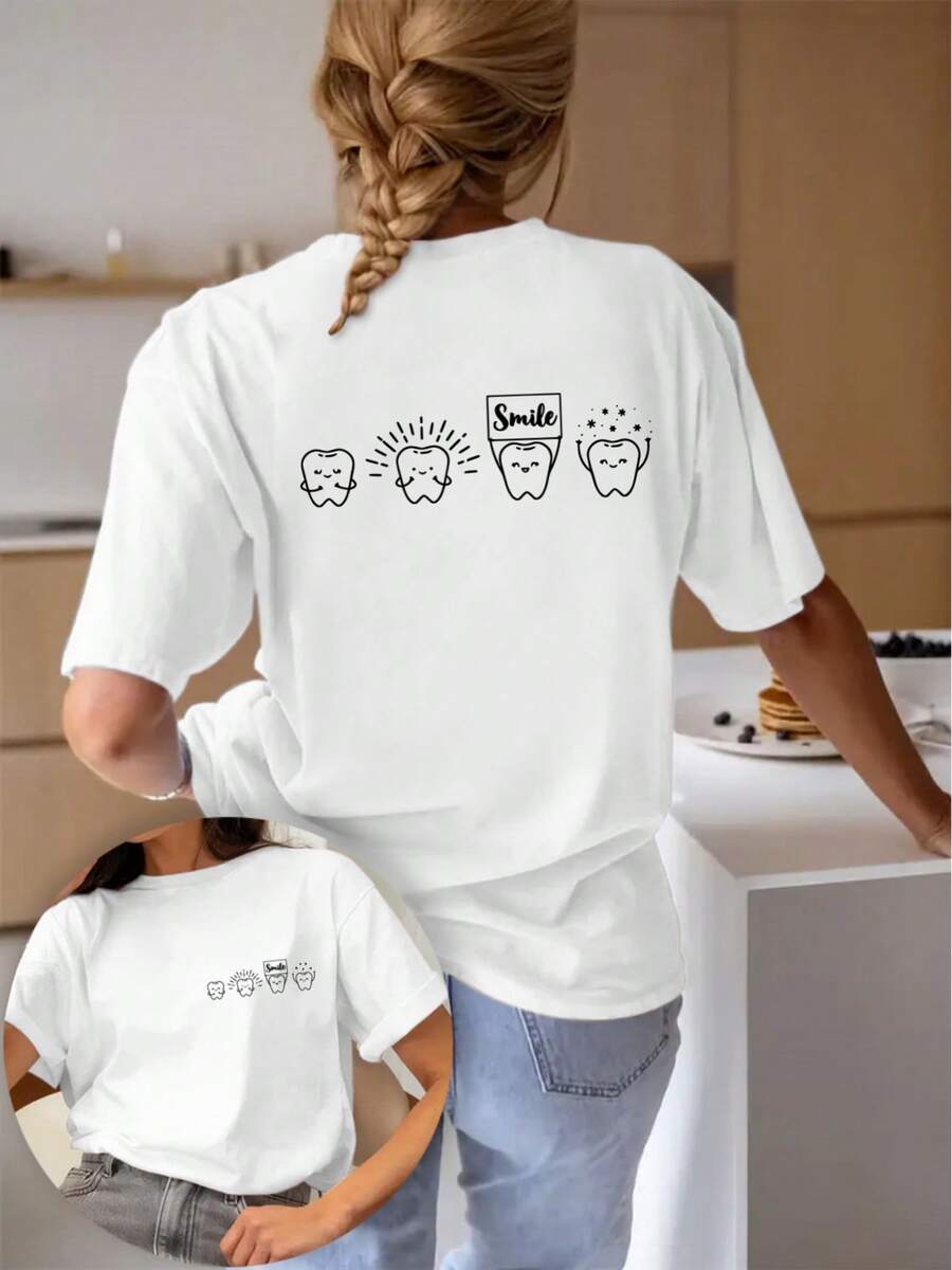 Fashionable Short-Sleeved T-Shirt With Double-Sided Dental Print, Casual Round Neck Short-Sleeved T-Shirt, Women's Clothing. - 白色 - 查看 1