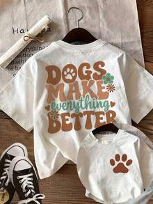 [Front And Back Images] Women's T-Shirt - Vintage Style, Paw Print, Floral, Dog Design, Loose Fit, Casual, Round Neck, Short Sleeve, Women's T-Shirt - 白色 - 查看 6