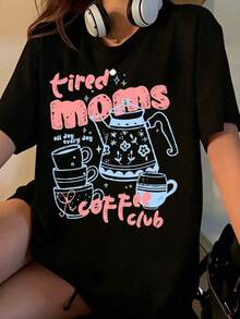 Women's Graphic T-Shirt From The Tired Moms Coffee Club, Teapot And Cup Design, Black, Casual [Suitable For Leisure And Sports Activities] - 黑色 - 查看 1