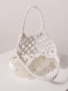 Women's Shell Decor Knitted Mini Handbag, Bohemian Style, Suitable For Beach Vacation, Travel And Summer Holiday, Lightweight Tote Bag, Suitable For Girls And Ladies, Beach Essential - White - View 9