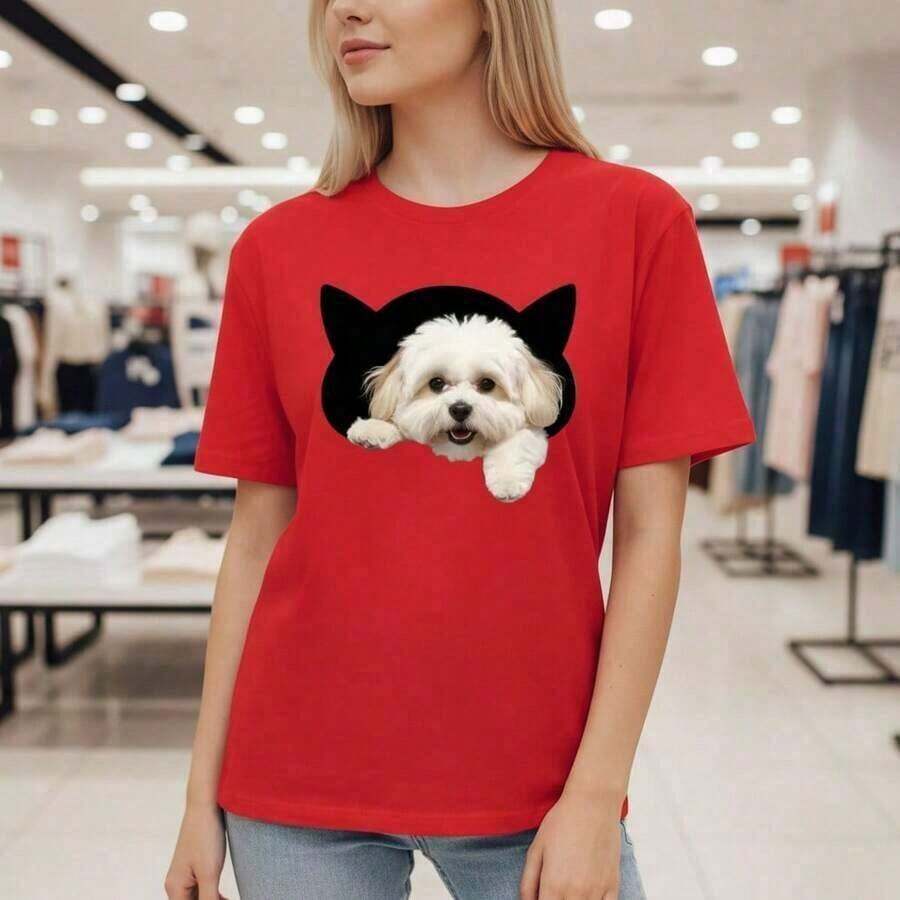 GiftCamia Women's Pure Cotton Cat And Puppy Ear Print Casual Short Sleeve Loose Fit Crew Neck Graphic Top, Available In Sizes, Cute Animal Design, Soft And Breathable Fabric, Fashionable For Everyday Wear, 100% Cotton. Soft - 紅色的 - 查看 1
