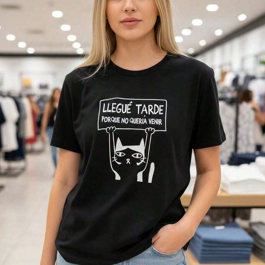 Women's Pure Cotton T-Shirt With Cat Print "I Was Late Because I Didn't Want To Come", Casual Short Sleeve Crew Neck T-Shirt, Comfortable Loose Fit Top, Available In Various Sizes, Cute Design T-Shirt For Everyday Wear, Soft - 黑色 - 查看 1