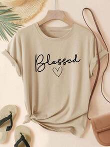 1 Women's T-Shirt - Heather Grey With Heart Print, Soft Casual T-Shirt For Everyday Wear, Sizes S-XXXL - Perfect For Everyday Wear And Special Occasions. 180g - Versatile 100% Cotton Women's Casual T-Shirt - Easy To Match Basic. - 杏色 - 查看 1