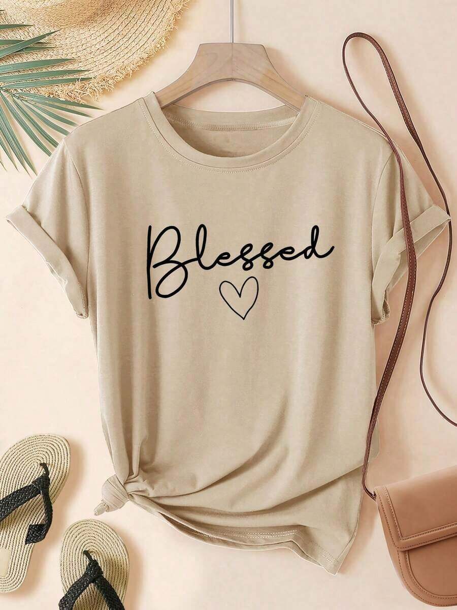 1 Women's T-Shirt - Heather Grey With Heart Print, Soft Casual T-Shirt For Everyday Wear, Sizes S-XXXL - Perfect For Everyday Wear And Special Occasions. 180g - Versatile 100% Cotton Women's Casual T-Shirt - Easy To Match Basic. - 杏色 - 查看 1